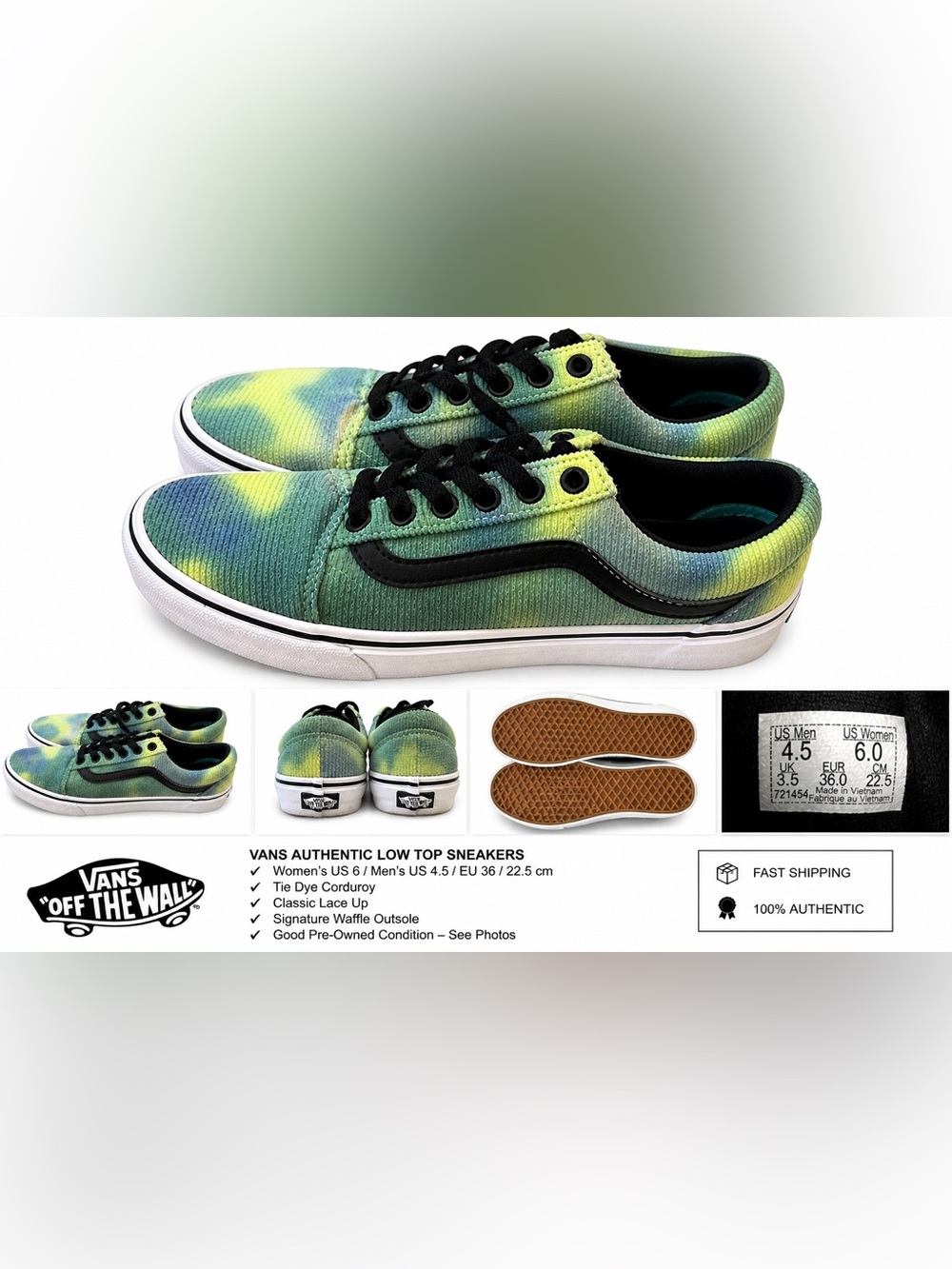 Vans ComfyCush Tie Dye Corduroy Sneakers Women’s 6 Men’s 4.5 Low Top